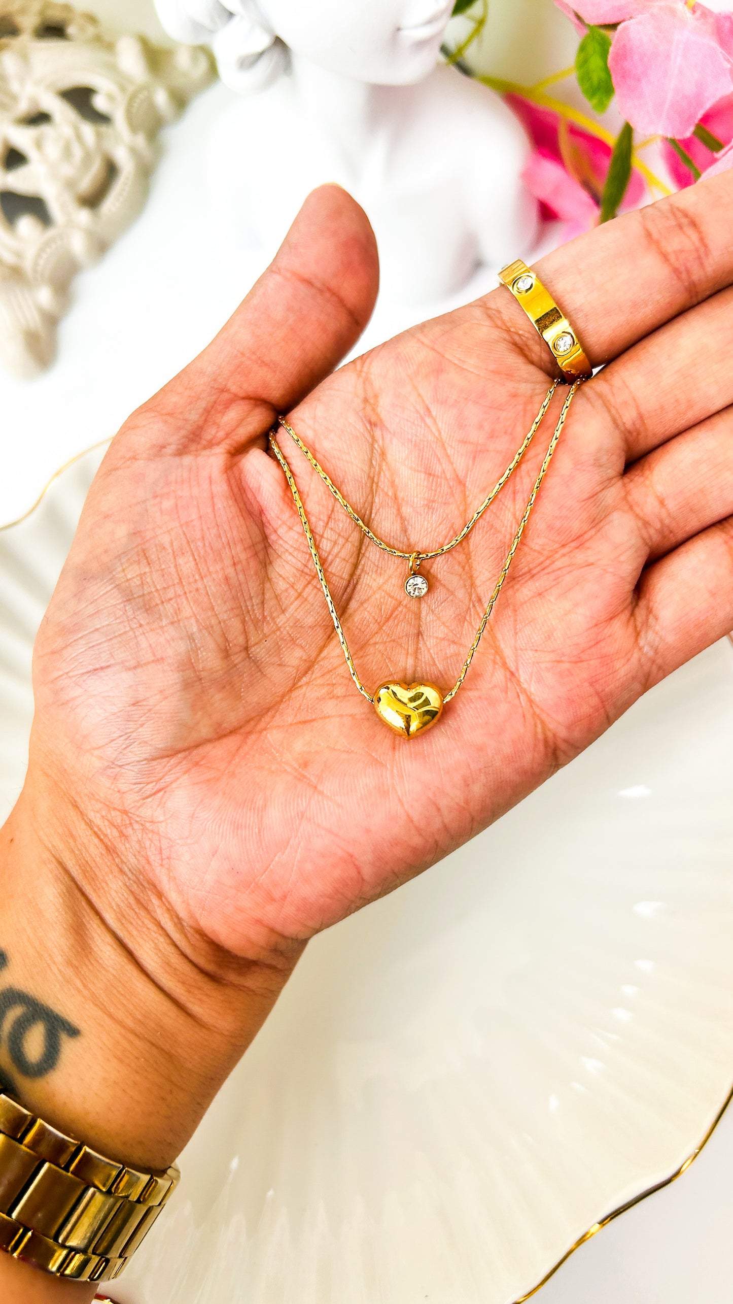 Layered heart and stone necklace