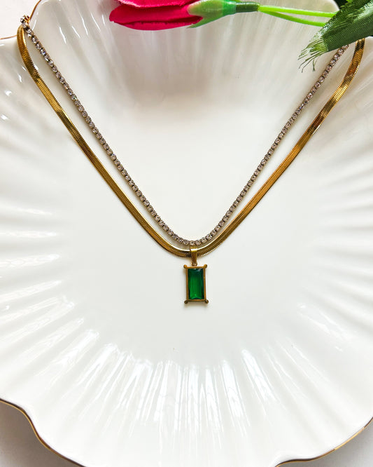 Green stone tennis layered necklace
