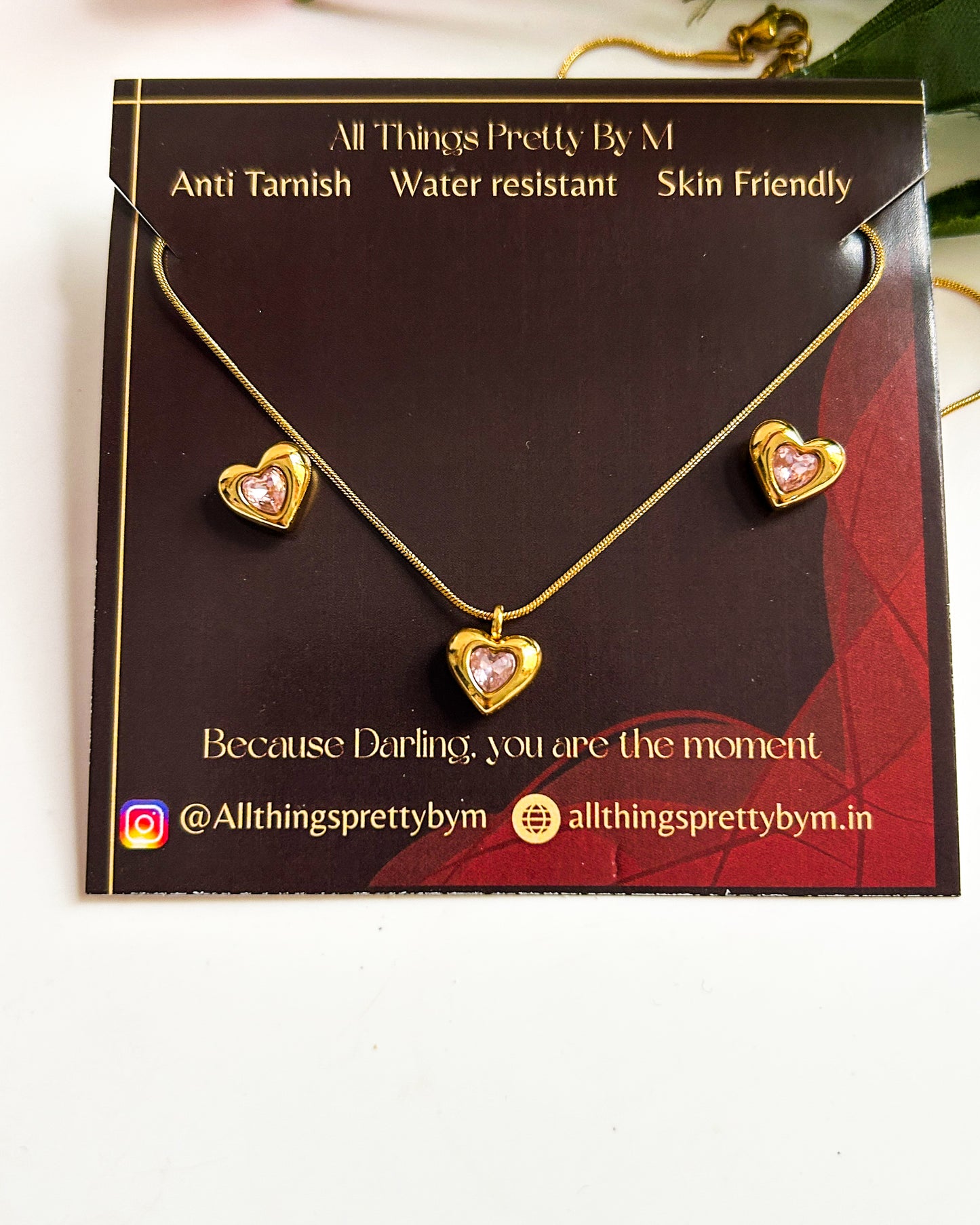 Pink heart stone combo ( necklace + earrings)