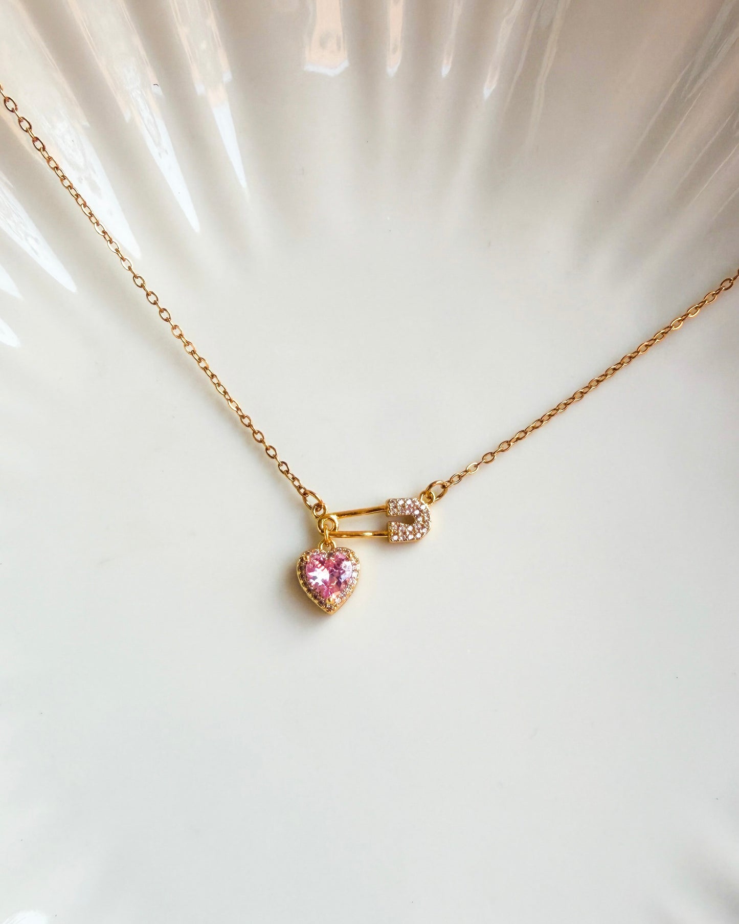 Safety pin heart charm necklace