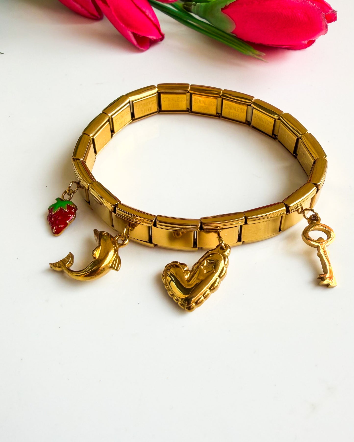 Strawberry and heart key Italian charm, Bracelet