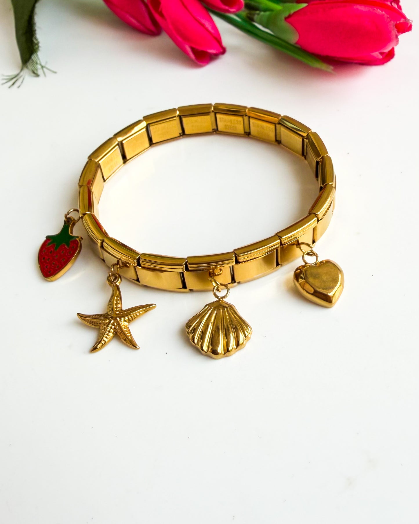 Strawberry and shell charm, Italian Bracelet
