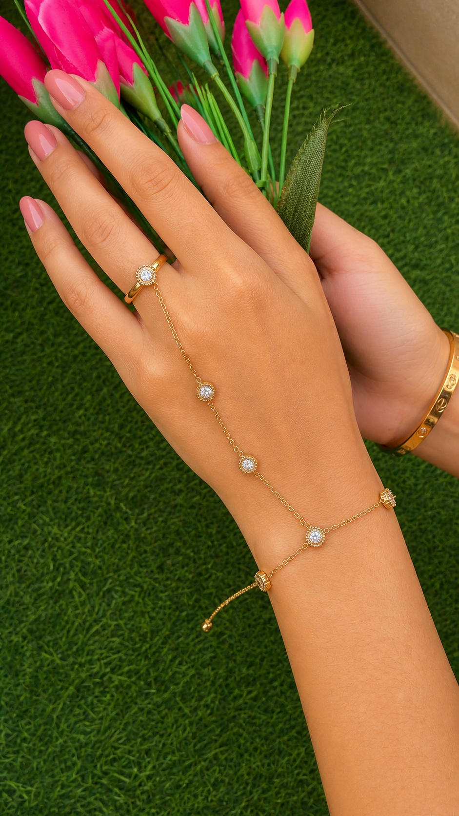 Round stone ring hand chain