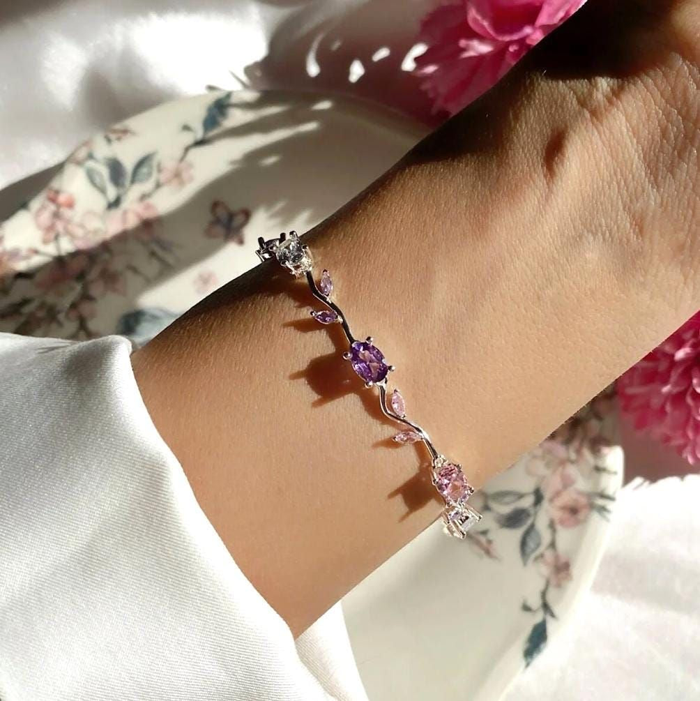 Silver pink purple tulip bracelet