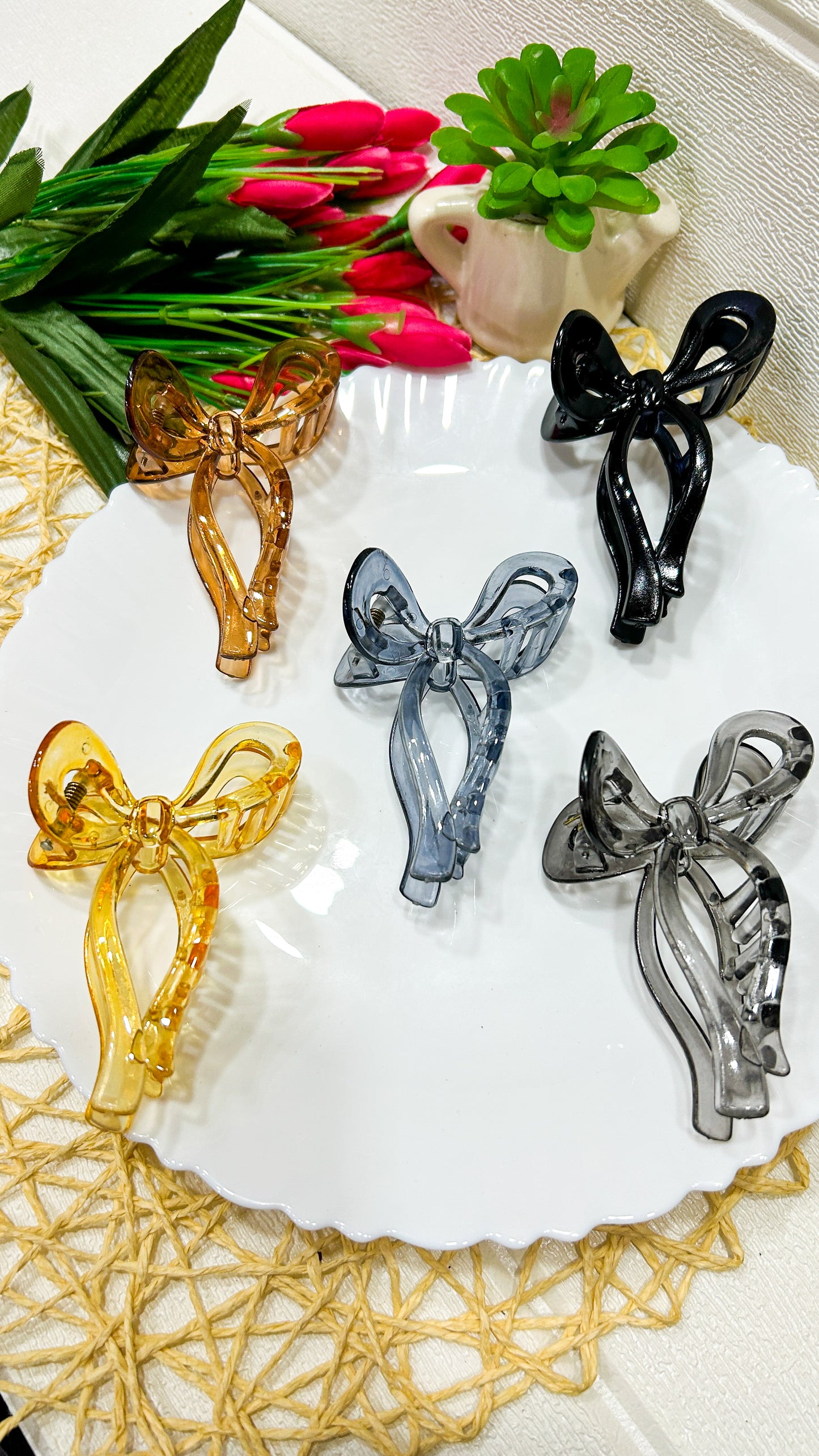 Transparent lacey bow claw clip