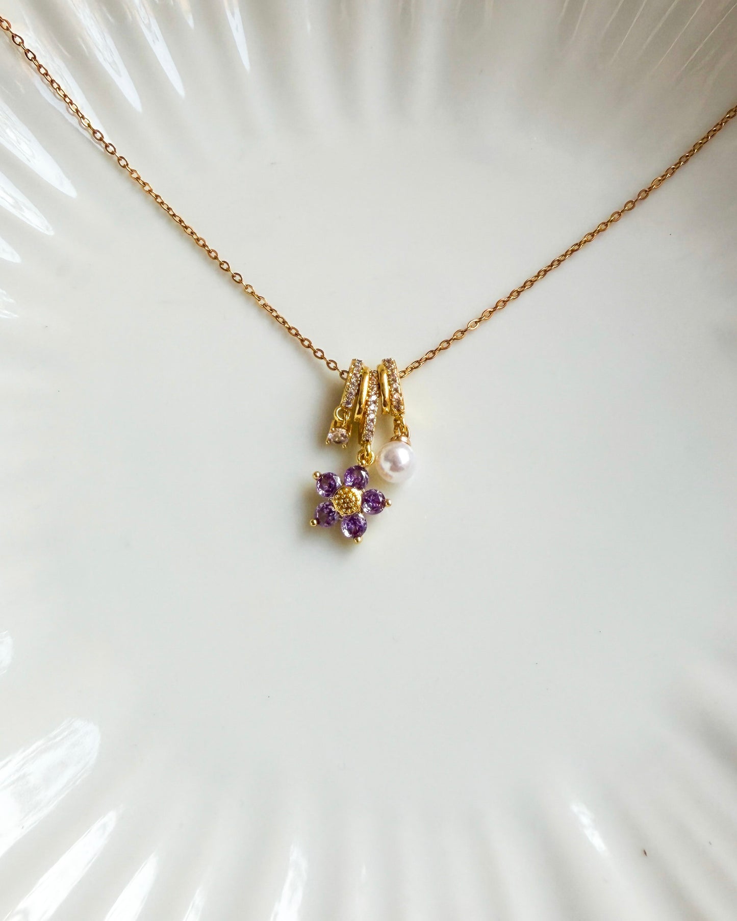 Purple flower charm necklace