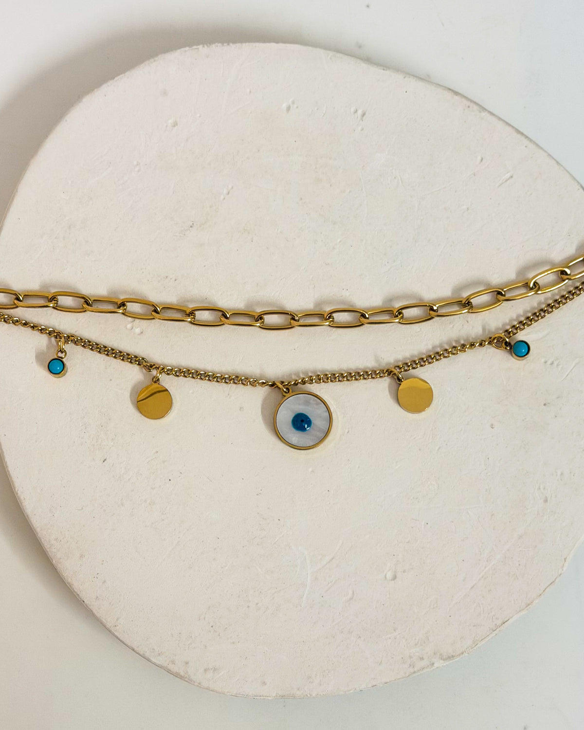 Paper clip layered round evil eye chain bracelet