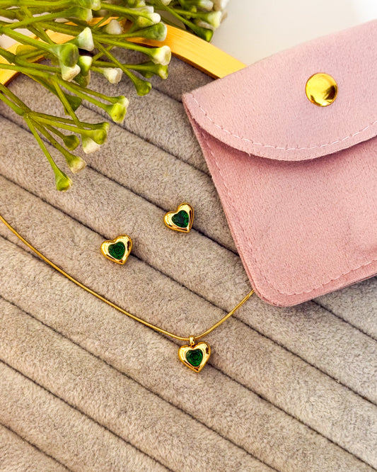 Green stone heart necklace combo with pouch