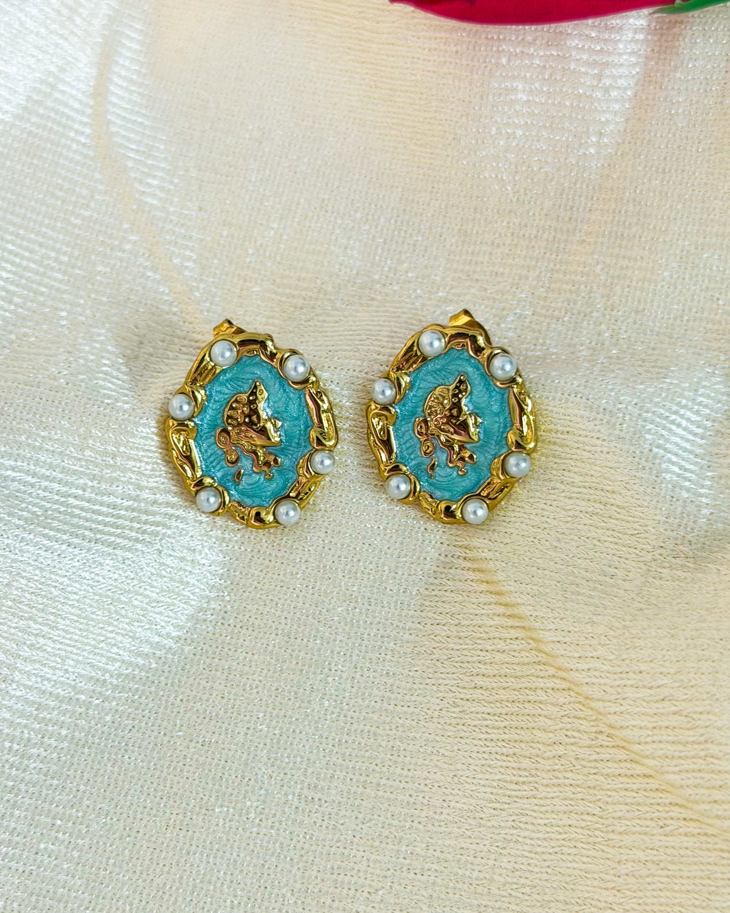 Blue frog enamel earrings