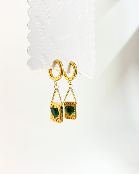 Hanging heart green stone huggies