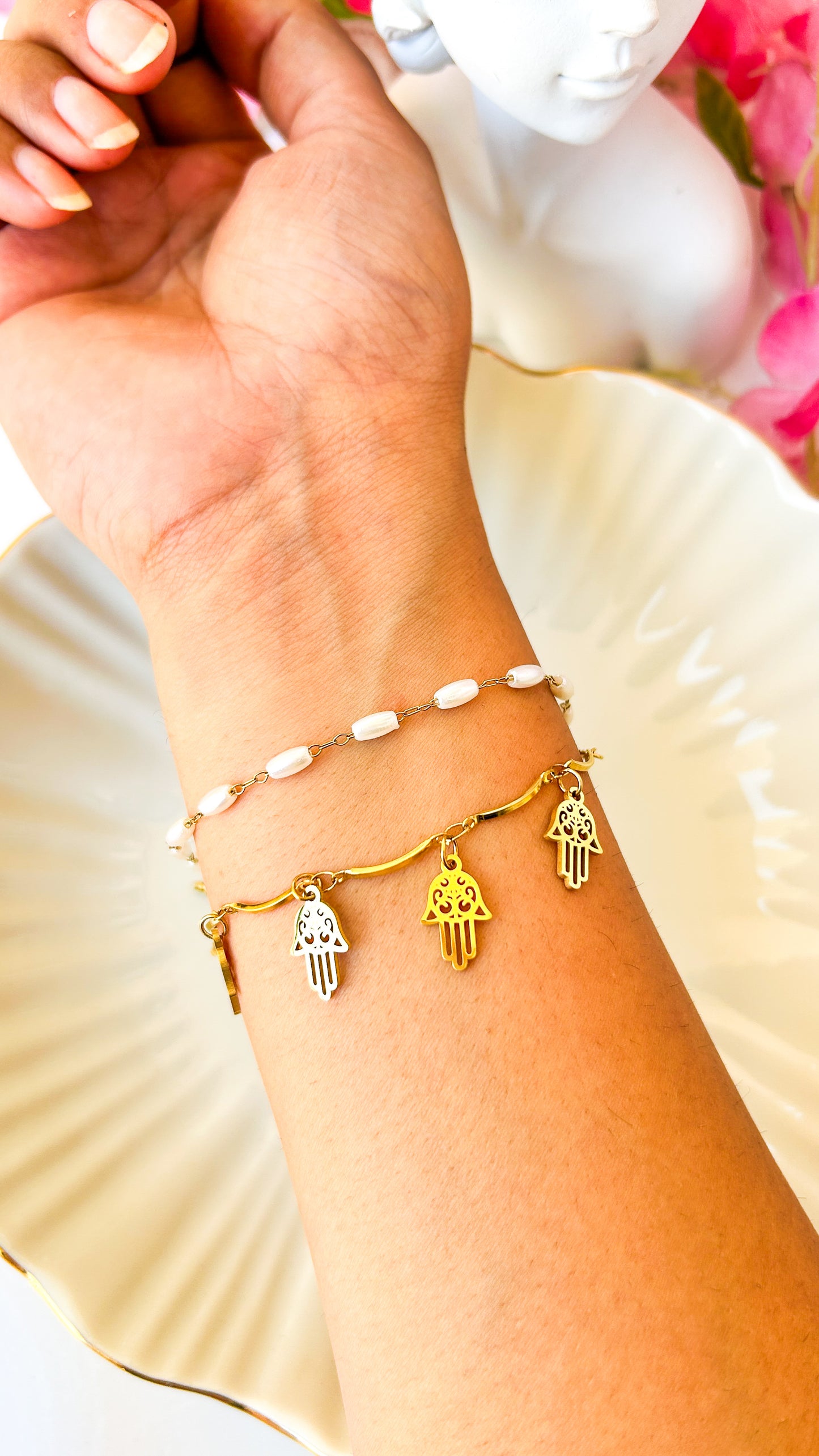 Pearl layered hamsa charm bracelet