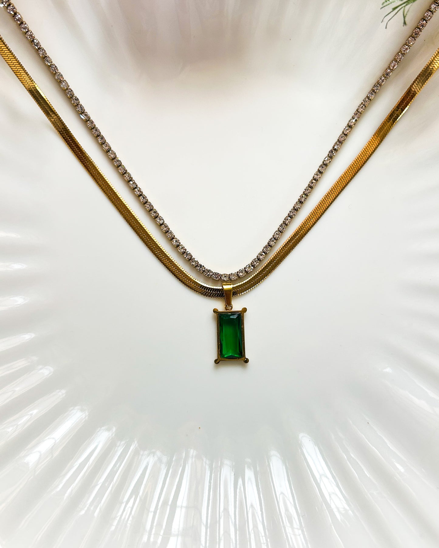 Green stone tennis layered necklace