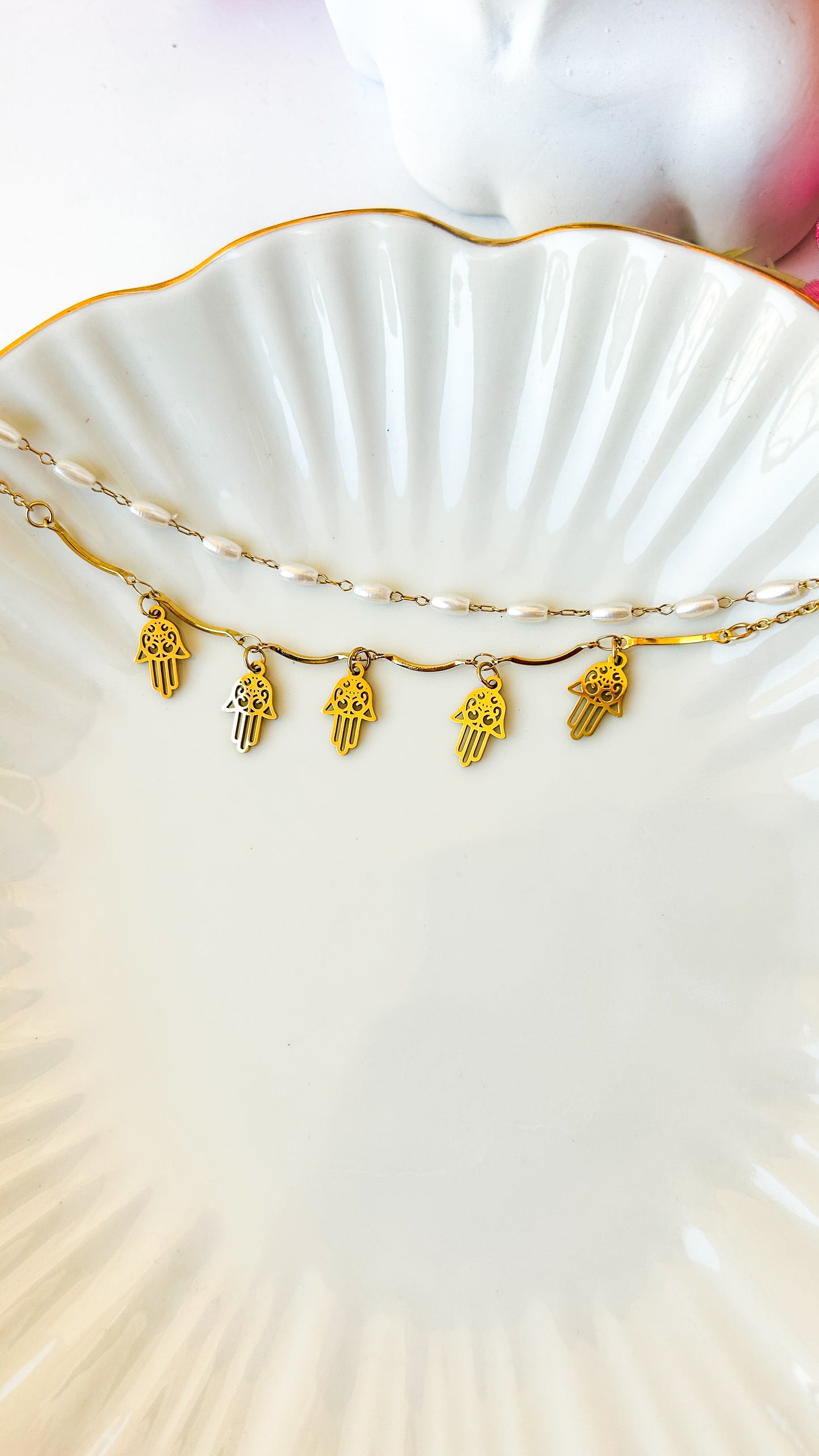 Pearl layered hamsa charm bracelet