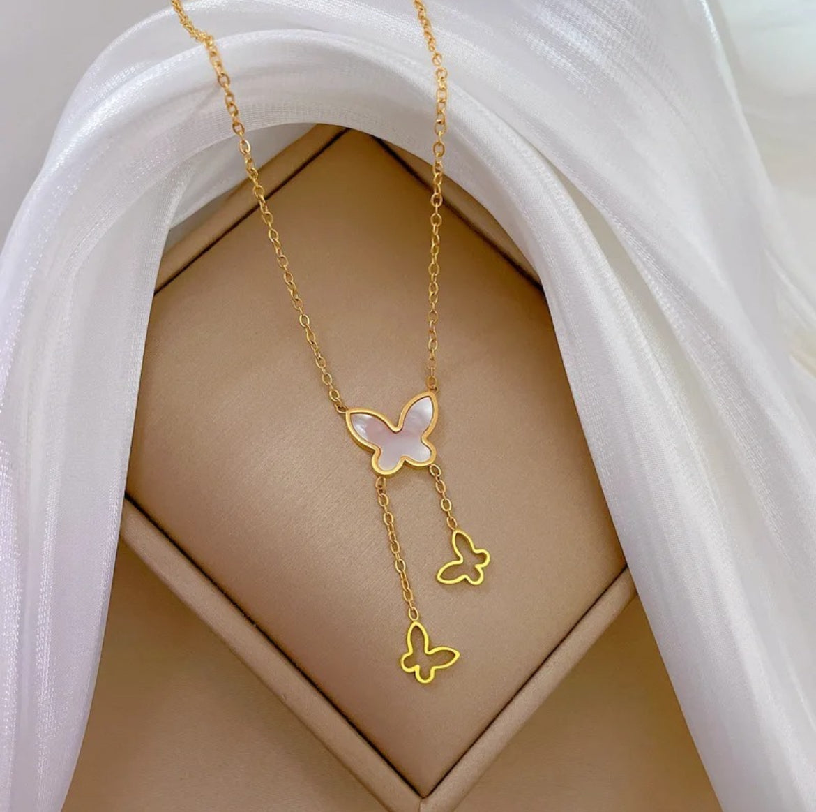 White butterfly trio necklace