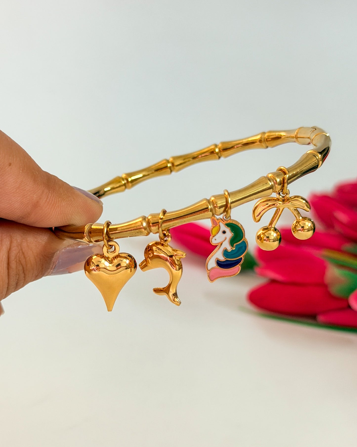 Cherry unicorn charm bamboo bracelet