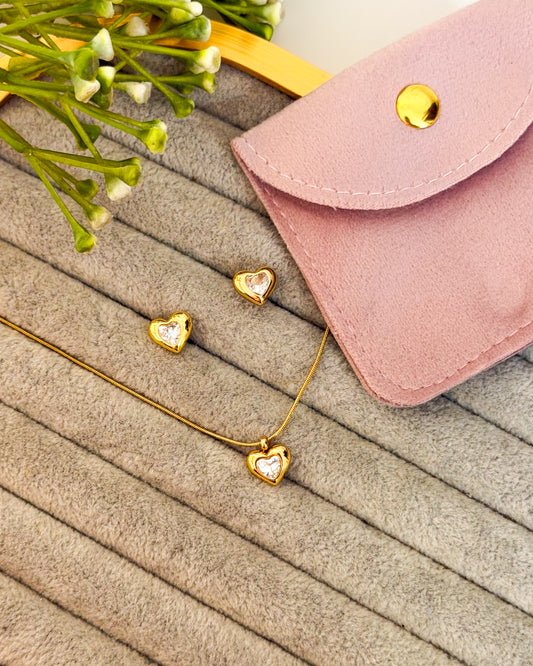 White stone heart necklace combo with pouch