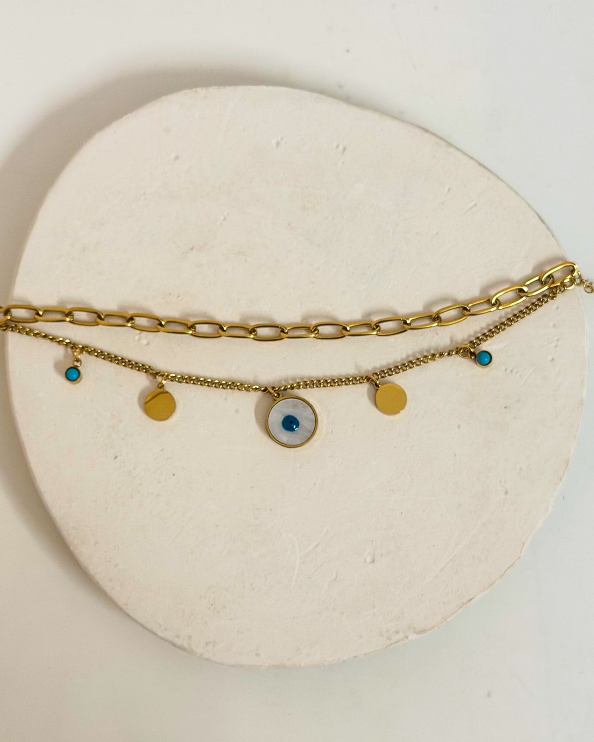 Paper clip layered round evil eye chain bracelet