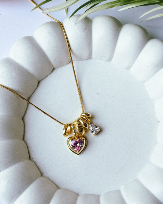 Pink heart with drop charm necklace
