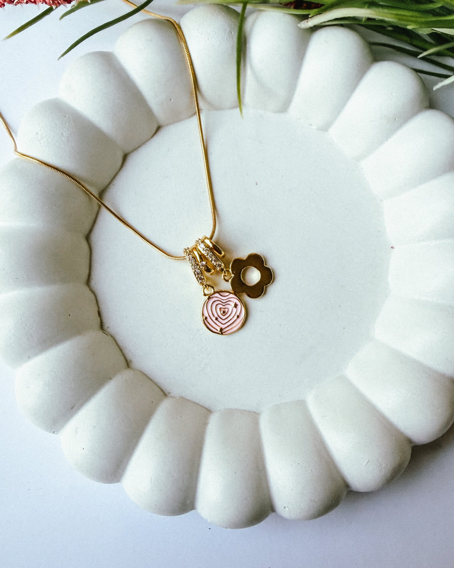 Pink heart floral charm necklace