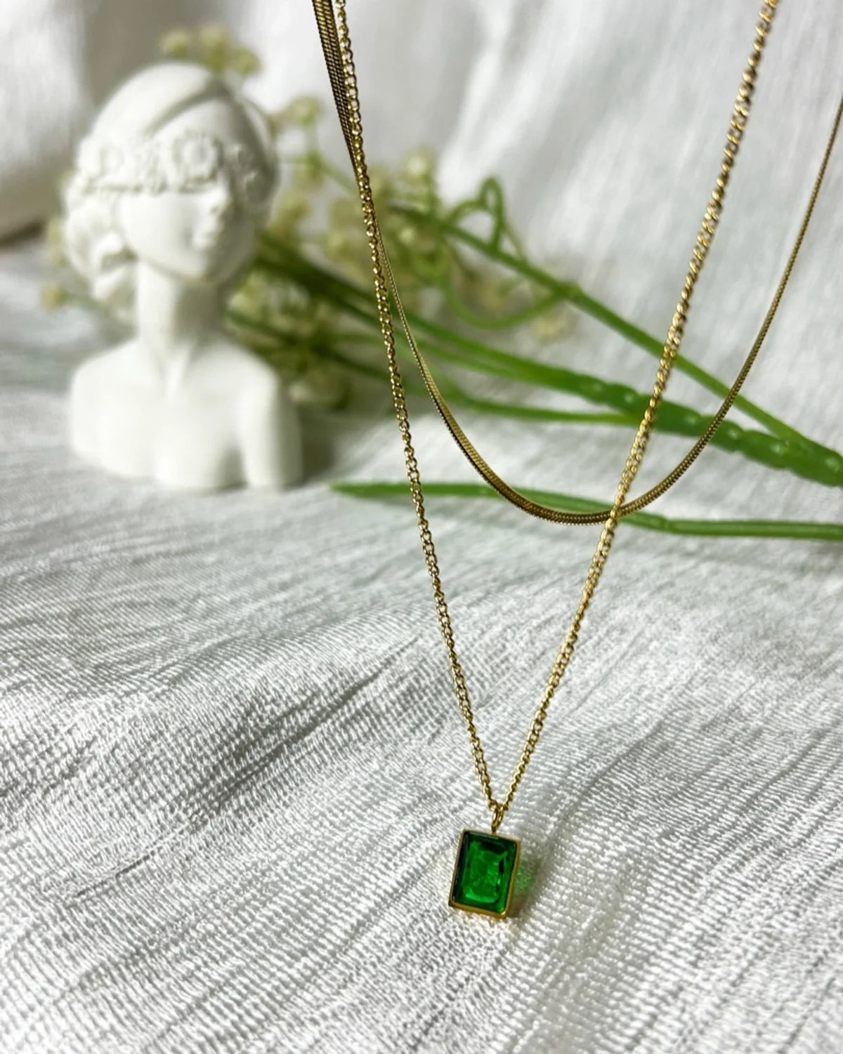 Layered Necklace with green stone