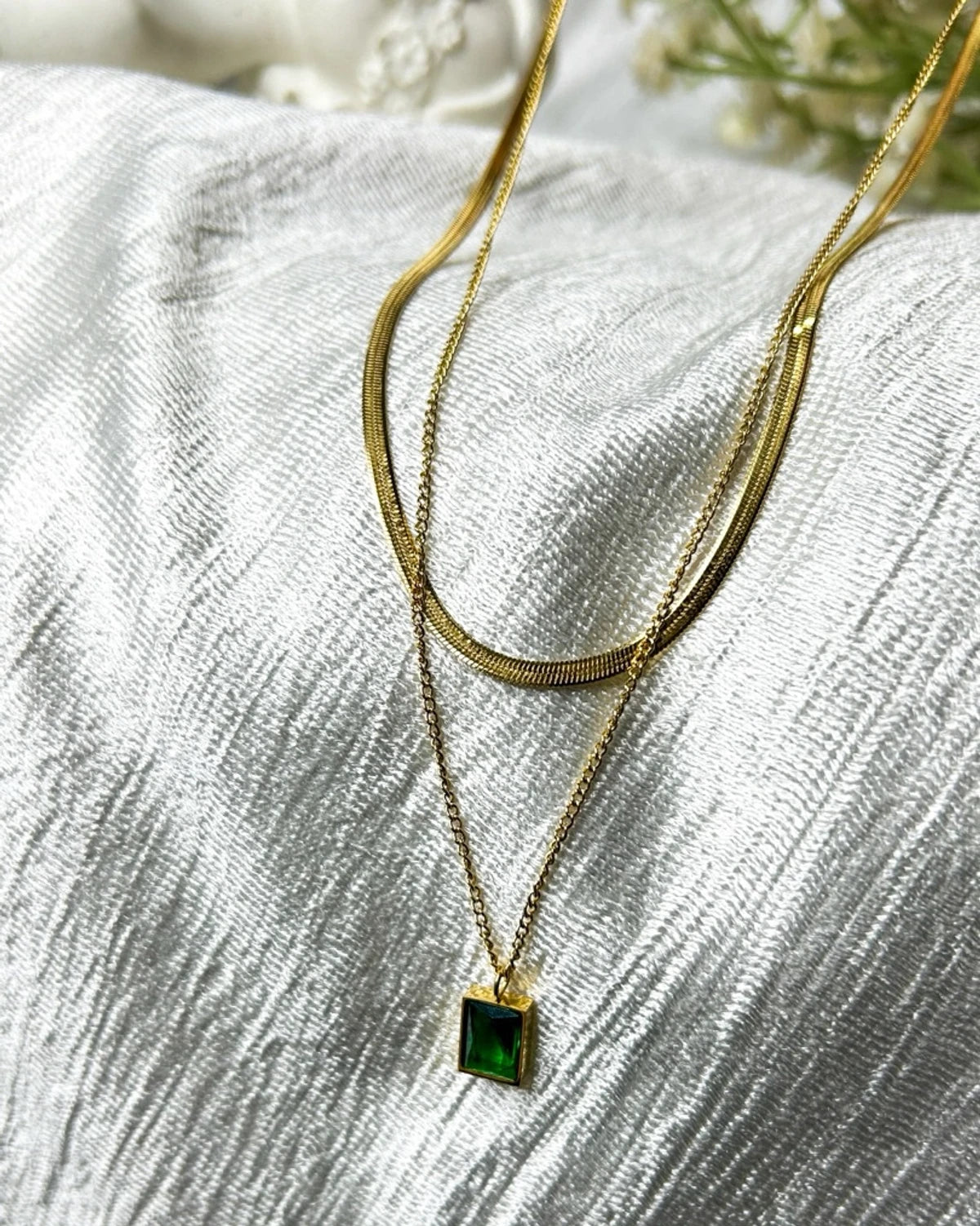 Layered Necklace with green stone