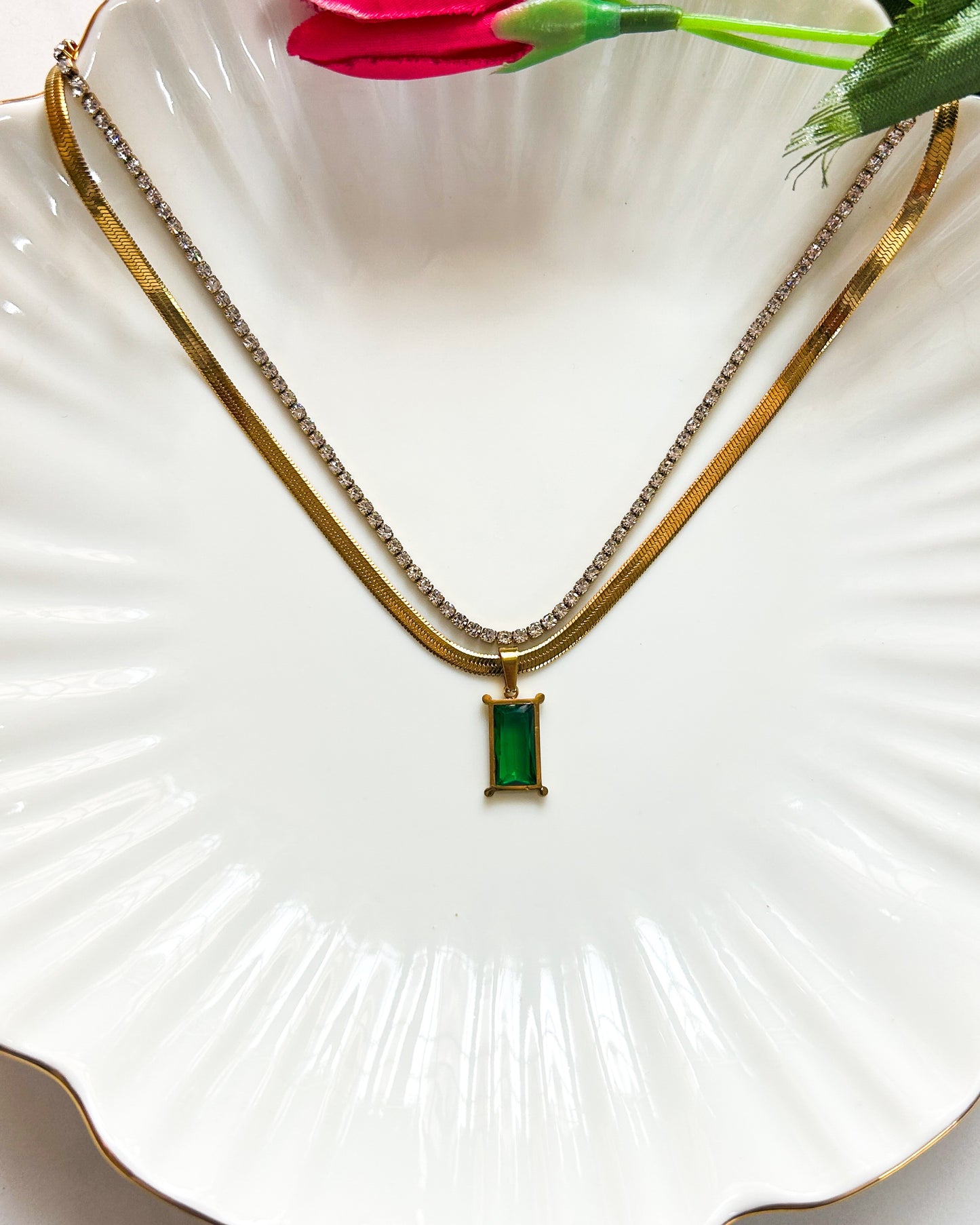 Green stone tennis layered necklace