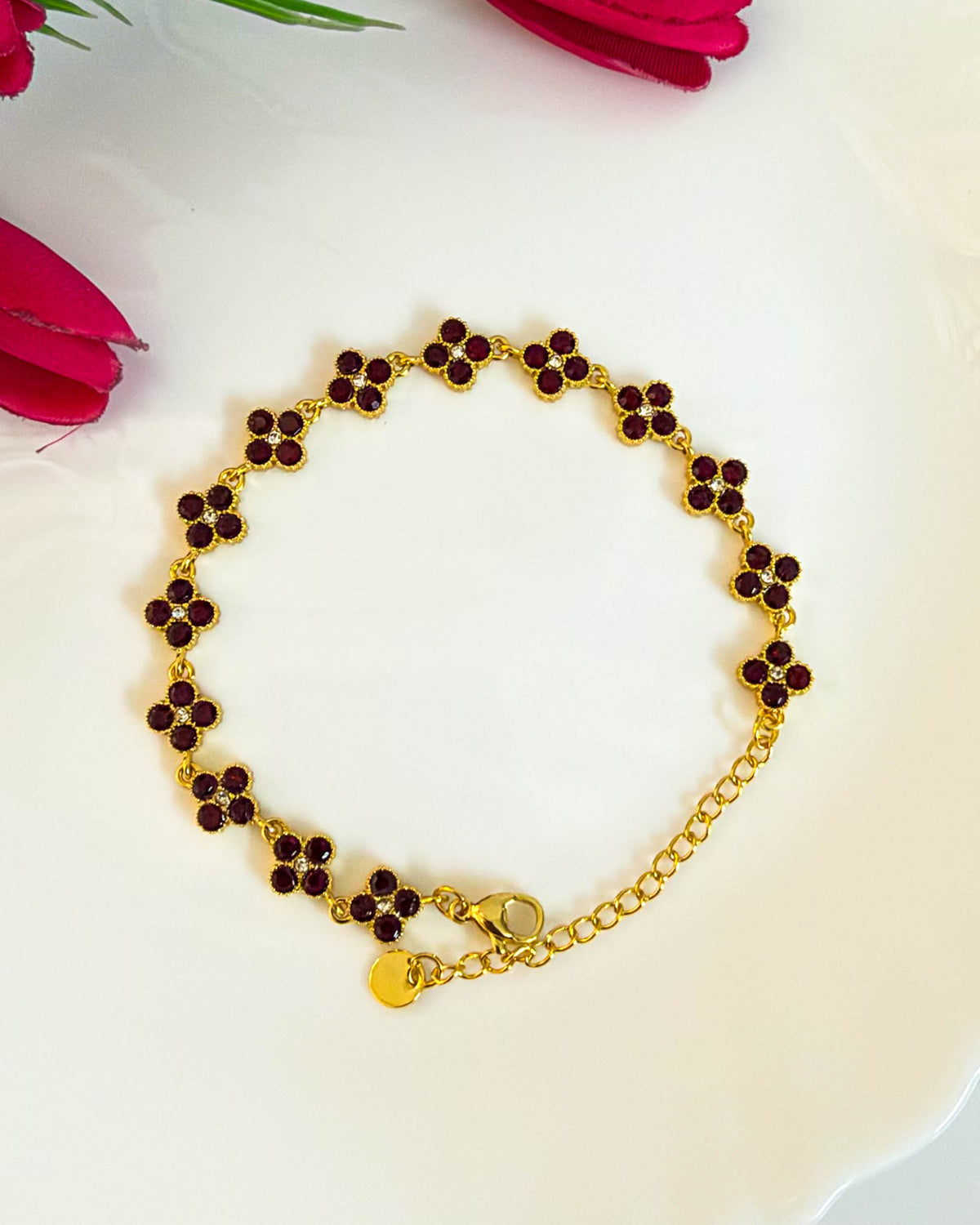 Burgundy studded clover bracelet