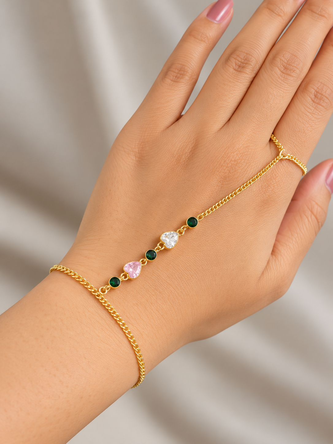 Heart with green round stone hand chain