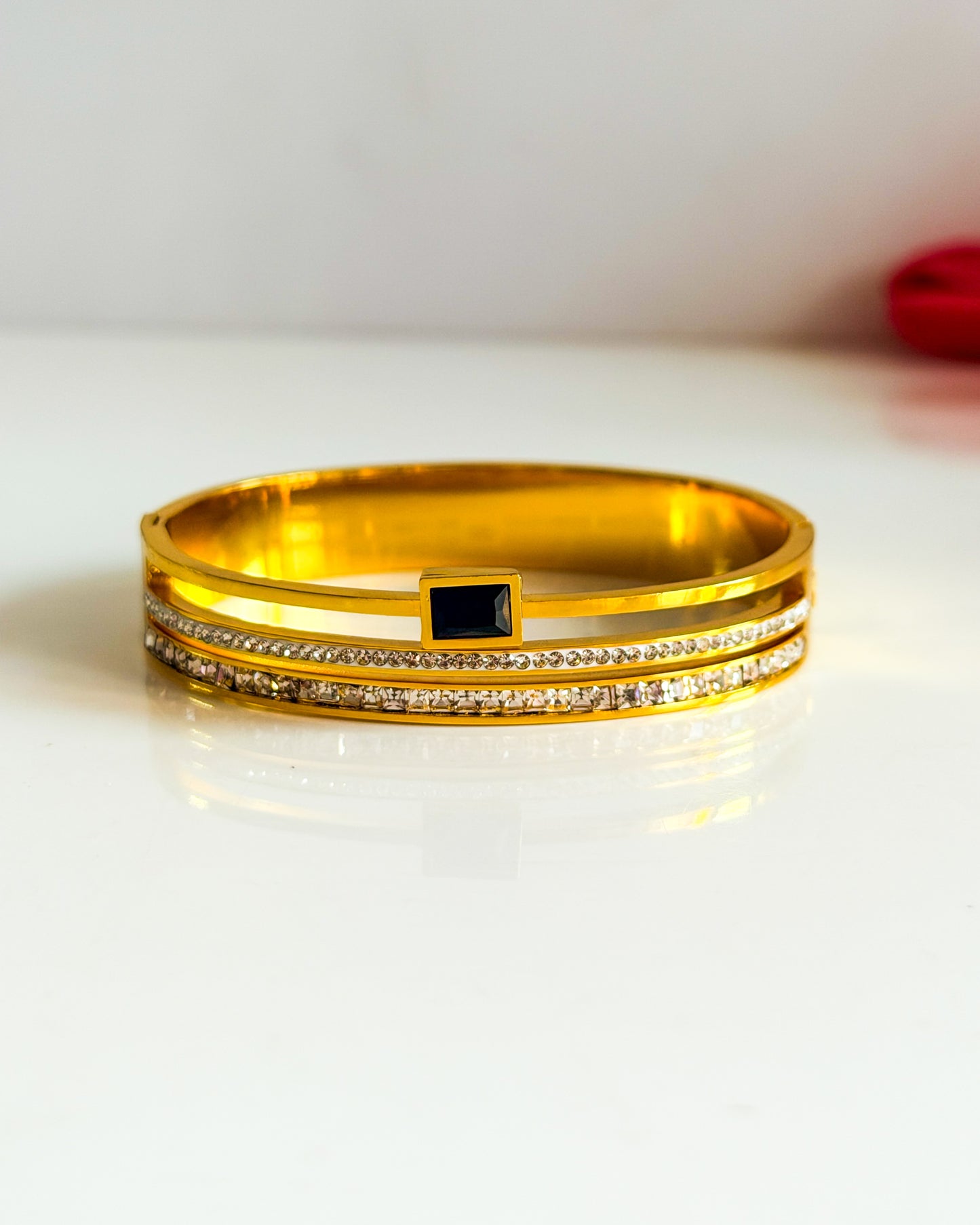 Layered black stone thin wrist bracelet