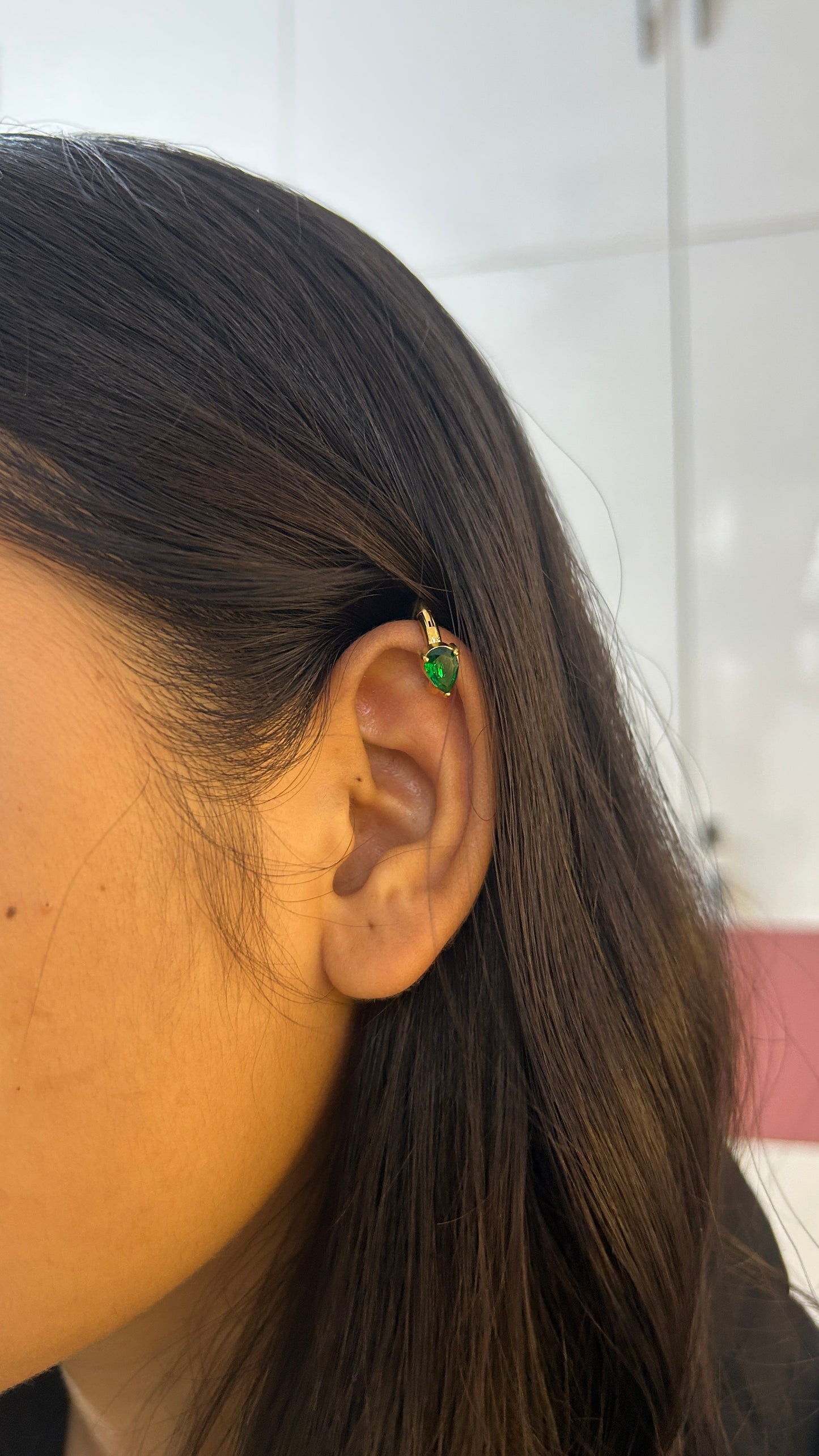 Green drop stone no piercing press on Earcuff-pair