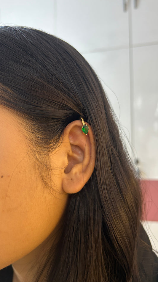 Green drop stone no piercing press on Earcuff-pair