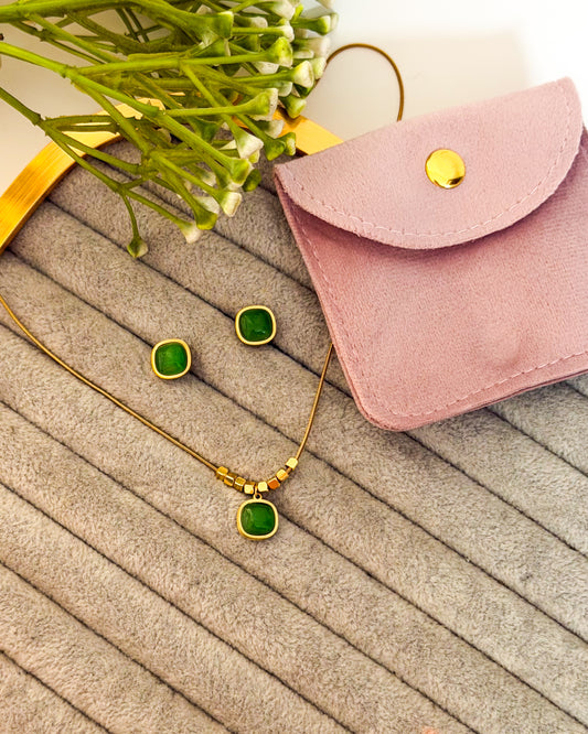 Green square stone necklace combo with pouch