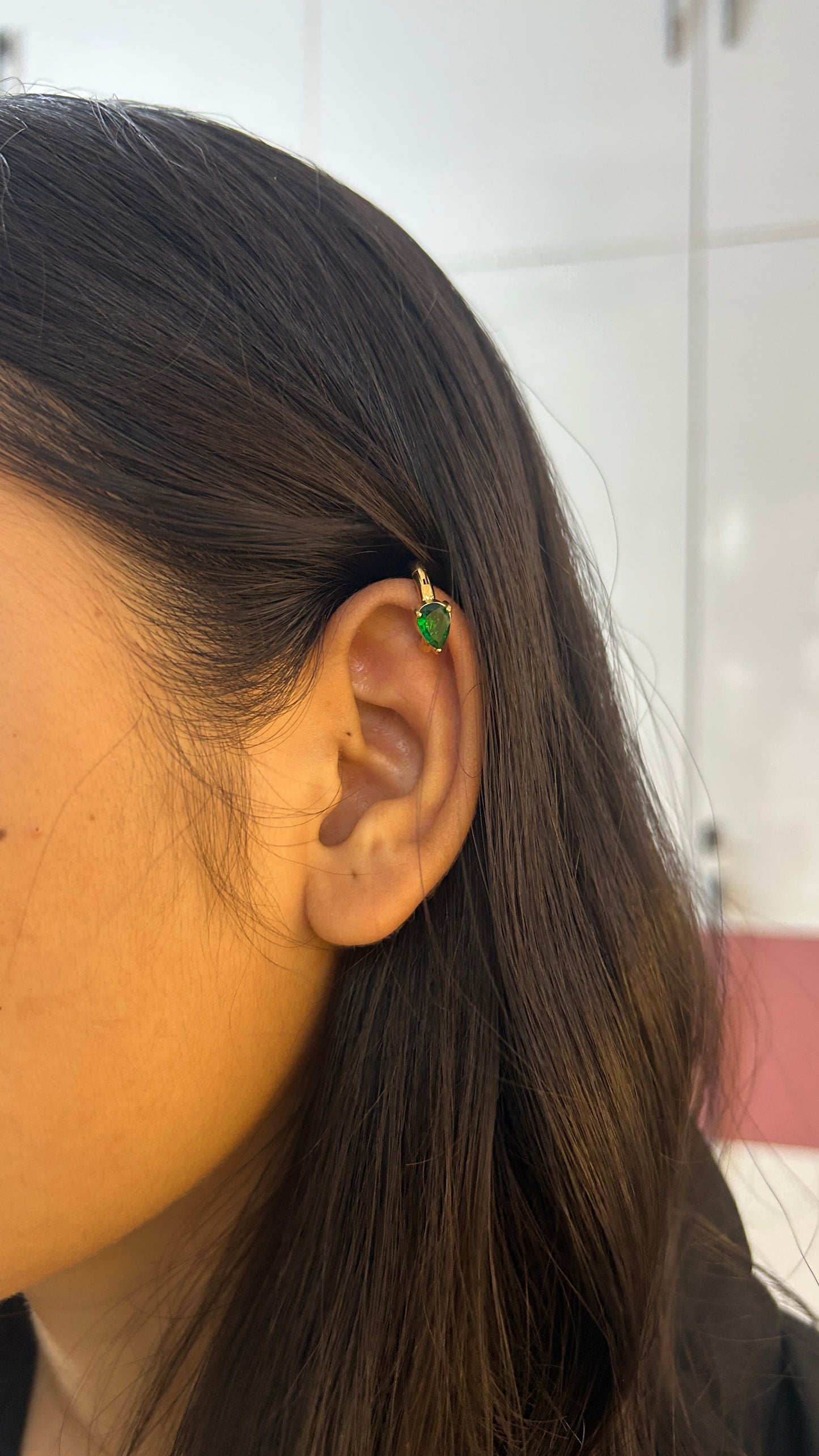 Green drop stone no piercing press on Earcuff-pair