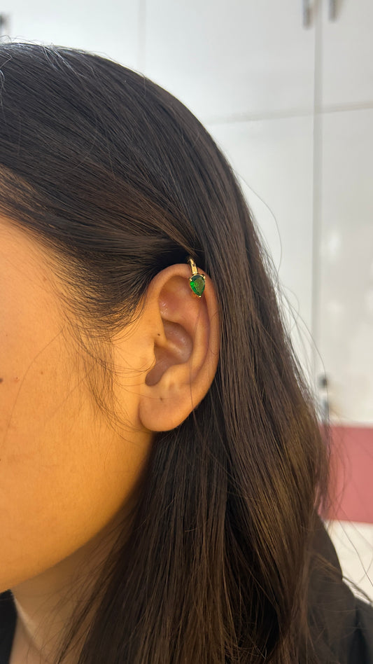 Green drop stone no piercing press on Earcuff-pair