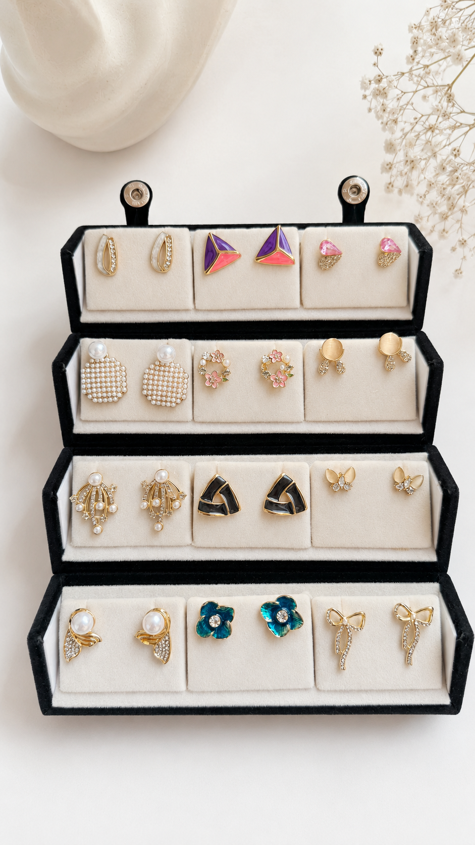12 pair of Korean earrings with jewellery box random box( read description before buying)