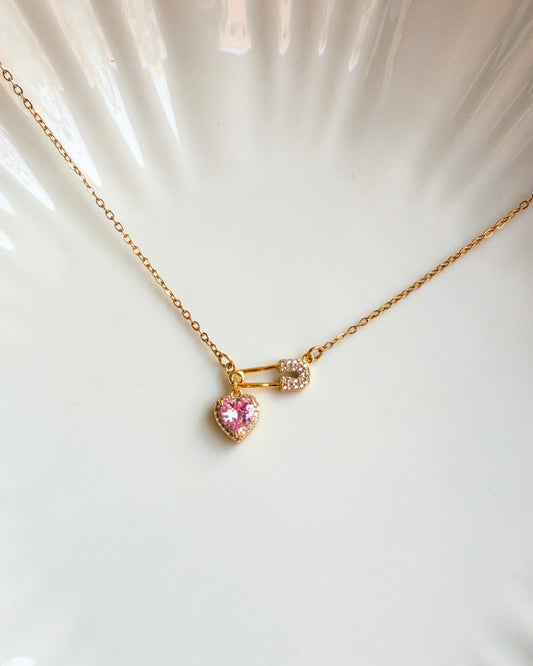 Safety pin heart charm necklace