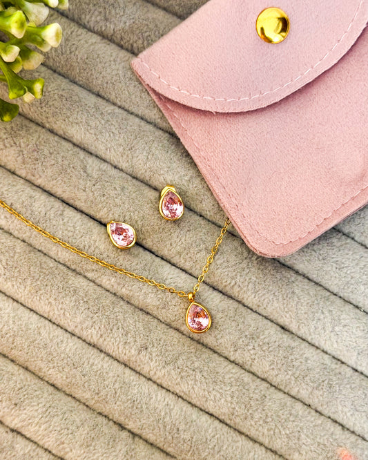Pink drop stone necklace combo with pouch