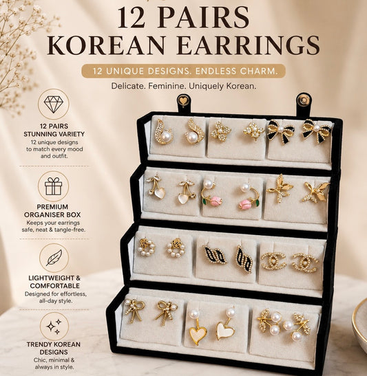12 pair of Korean earrings with jewellery box ( read description before buying)