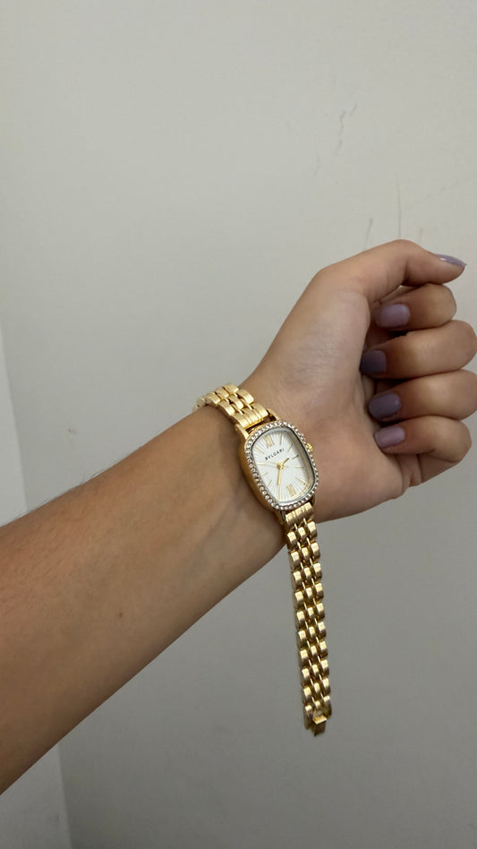 Studded Bvlgari square white dial watch