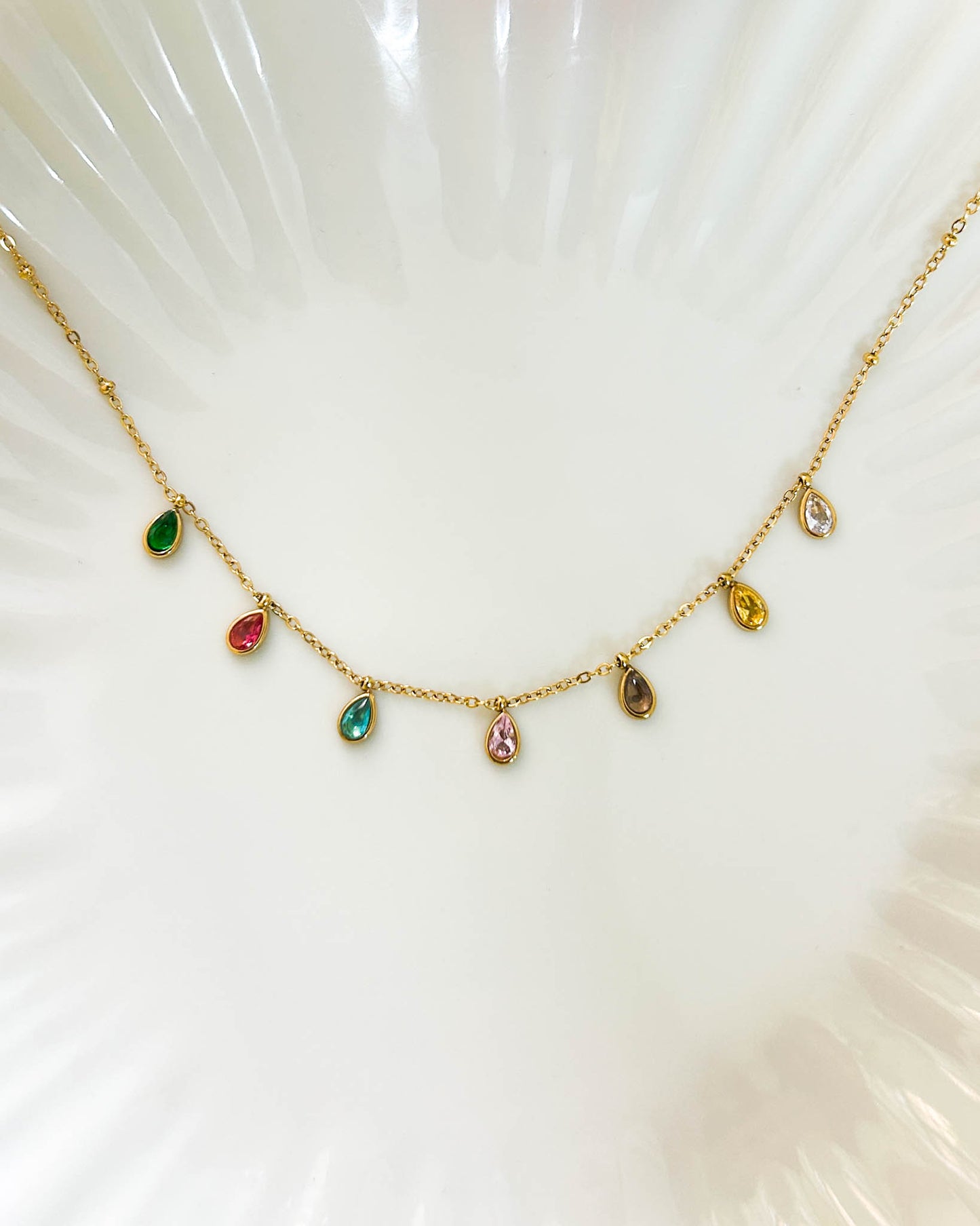 Multicoloured drop stone thin chain necklace