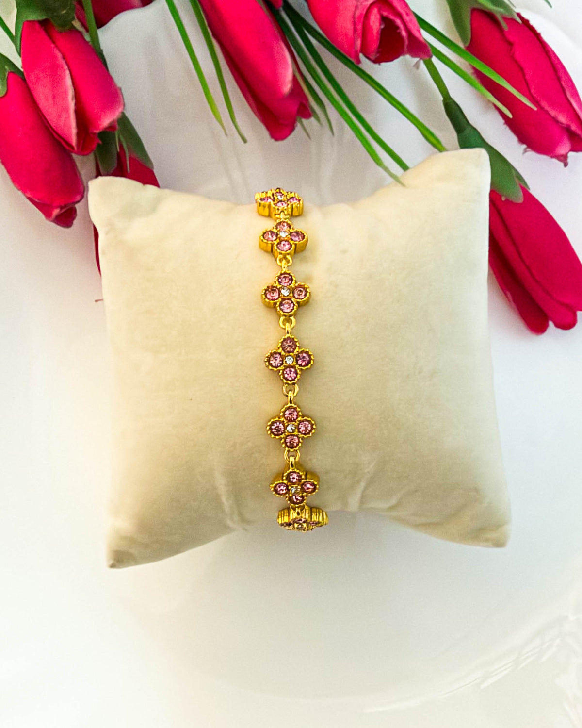 Pink studded clover bracelet