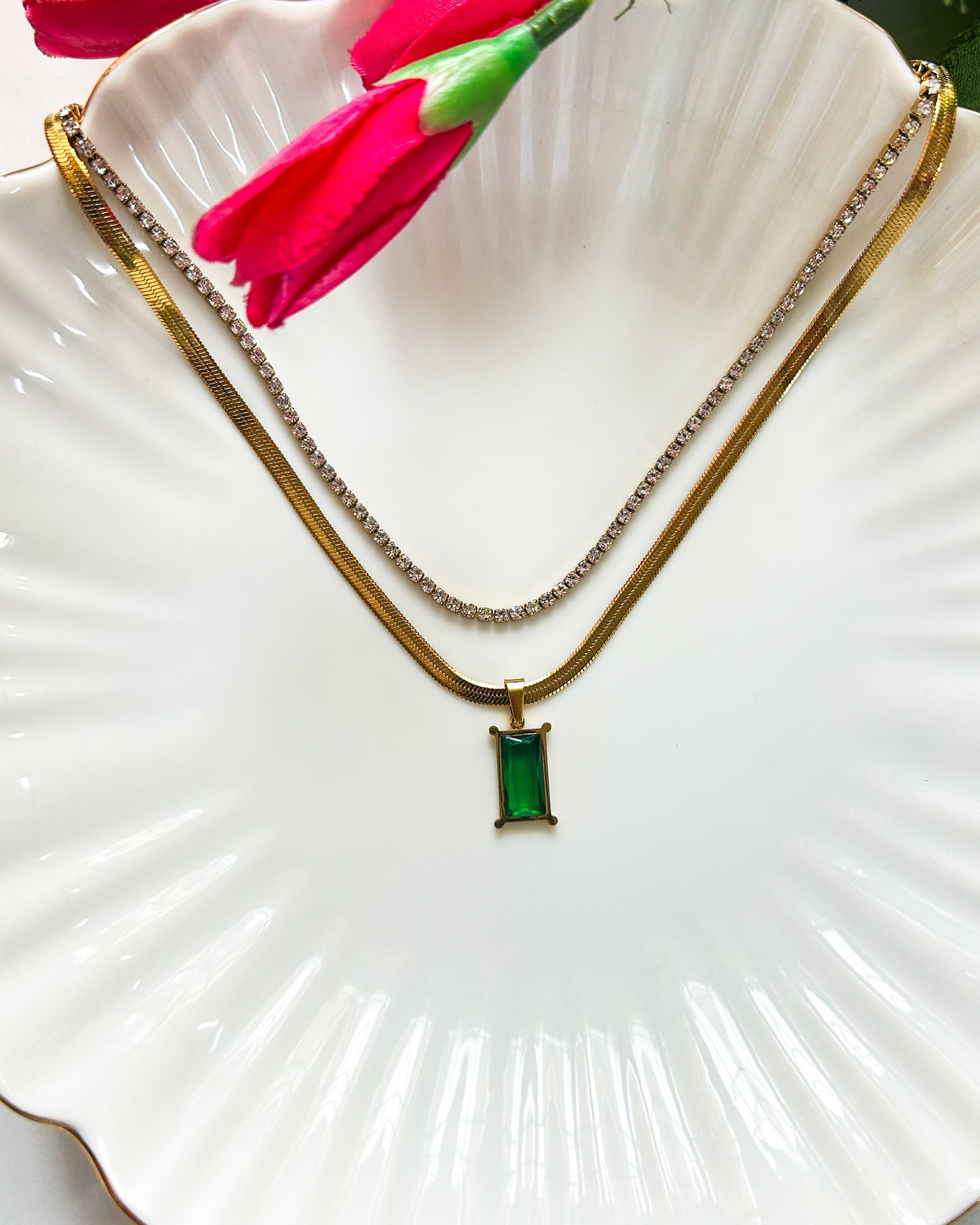 Green stone tennis layered necklace