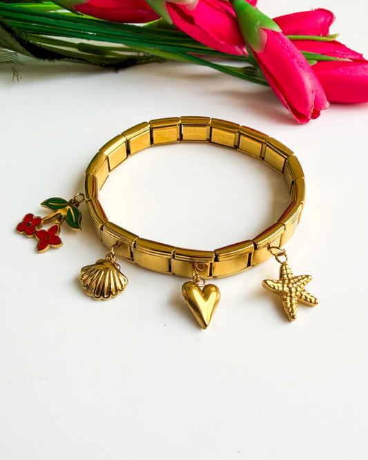 Red flower and heart charm, Italian Bracelet