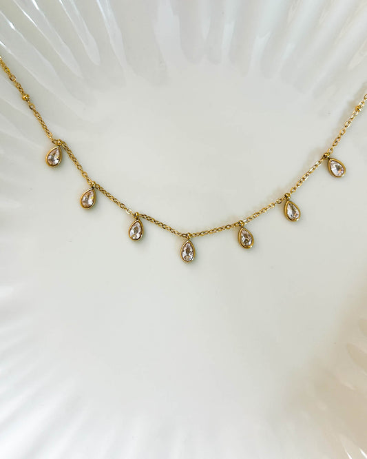 White drop stone thin chain necklace