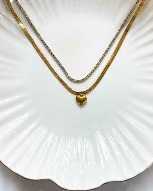 Mini puffed heart layer tennis necklace