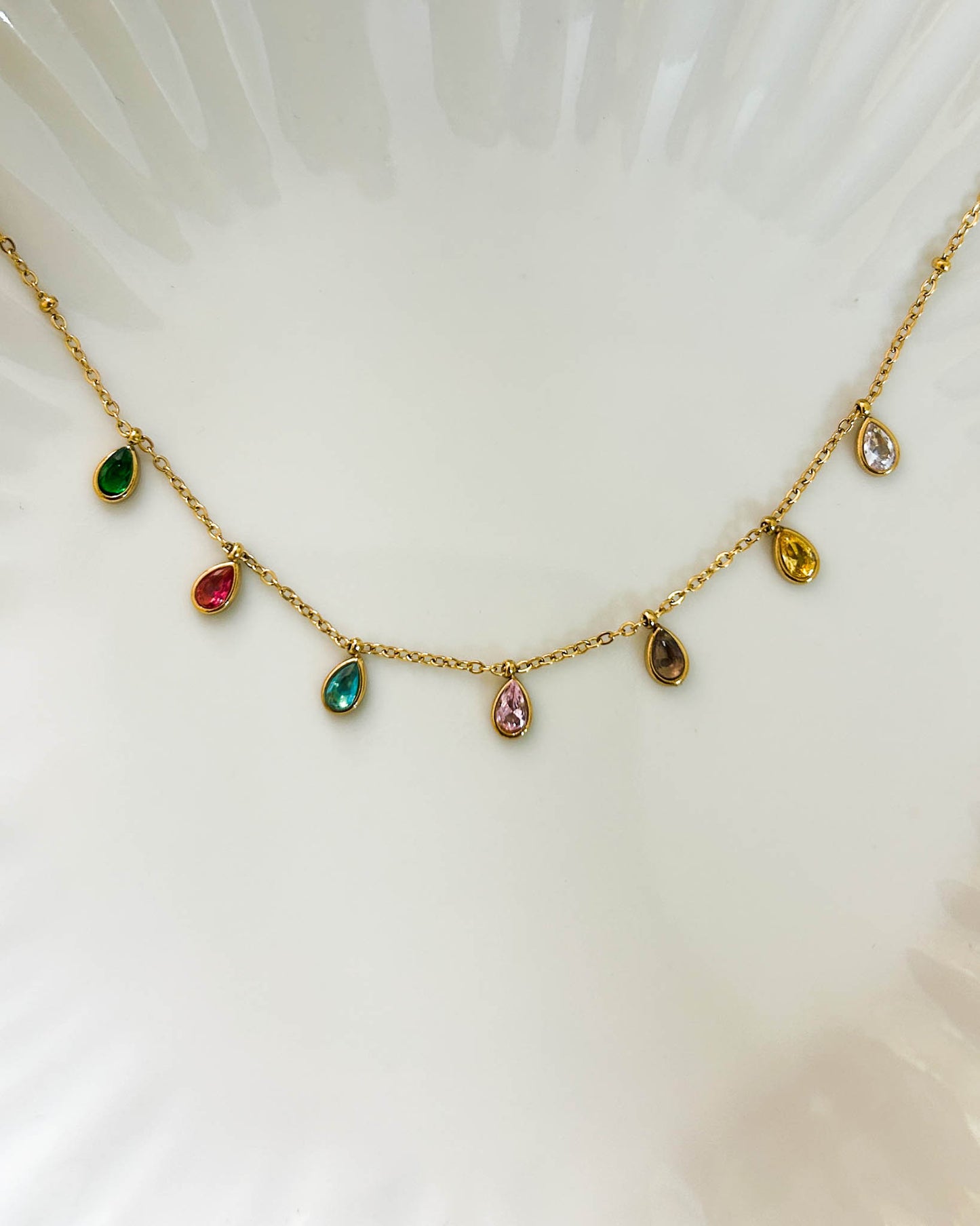 Multicoloured drop stone thin chain necklace