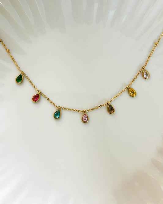 Multicoloured drop stone thin chain necklace