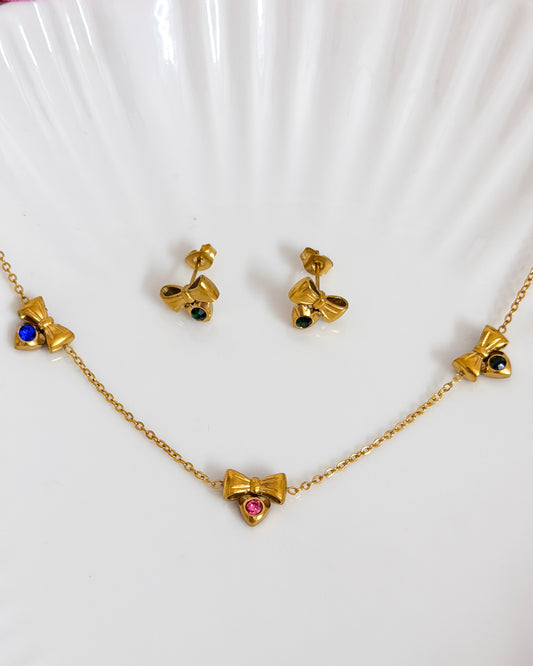 Multicoloured stone bow necklace with studs