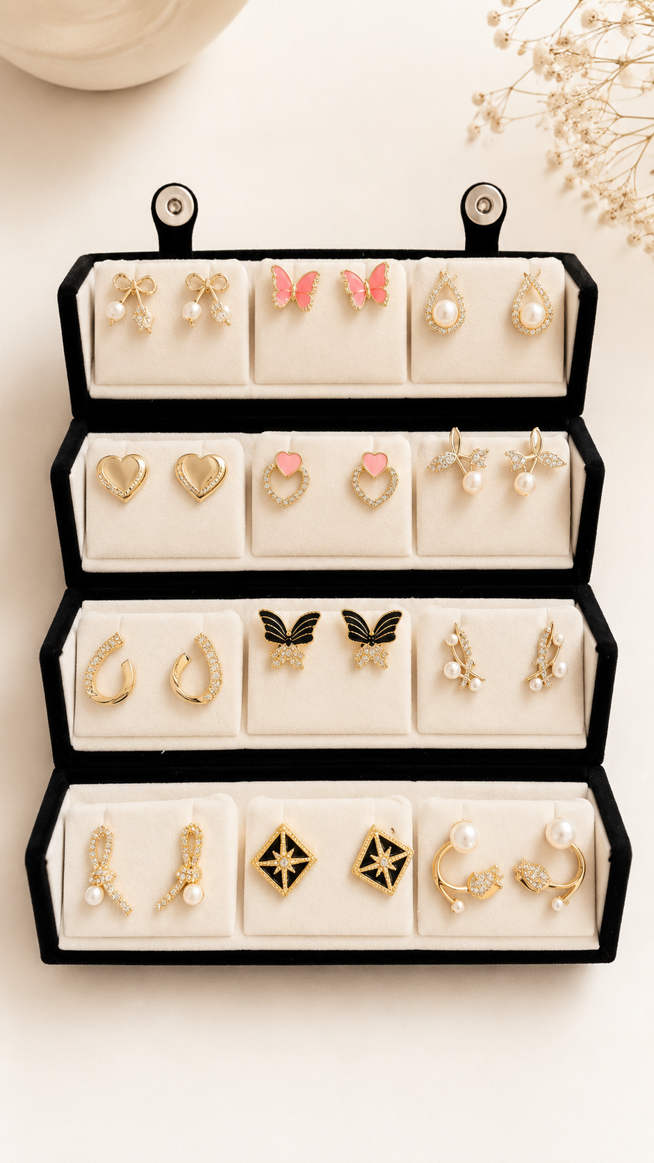 12 pair of Korean earrings with jewellery box random box( read description before buying)
