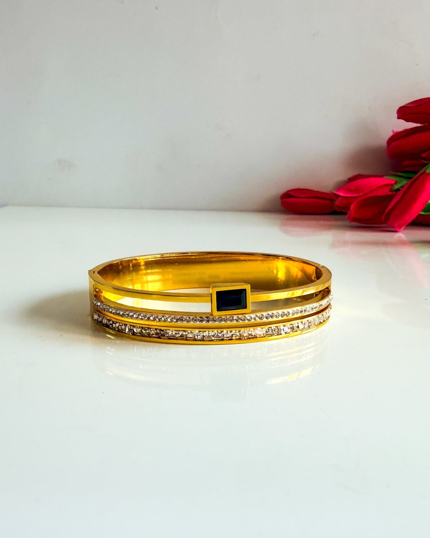 Layered black stone thin wrist bracelet